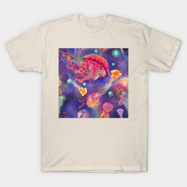 Jellyfish in deep blue water with bright rainbow colors undersea pattern T-Shirt by sandpaperdaisy